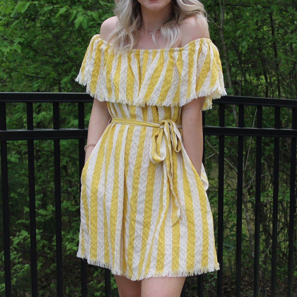 Yellow and white off the shoulder dress